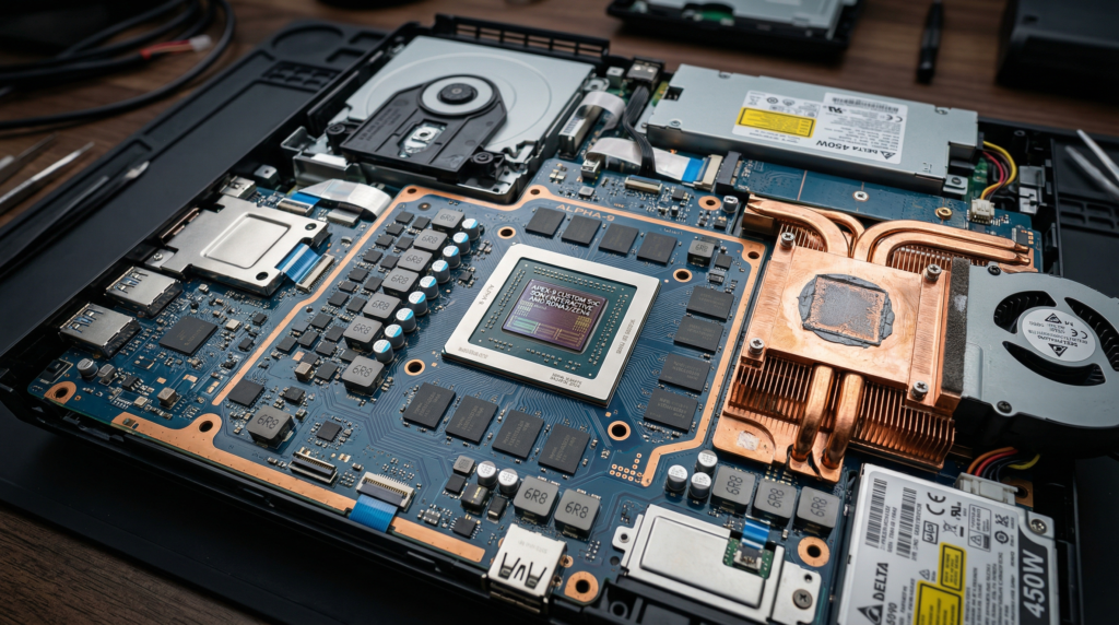 consola de videojuegos desmontada mostrando chips semiconductores de última generación,