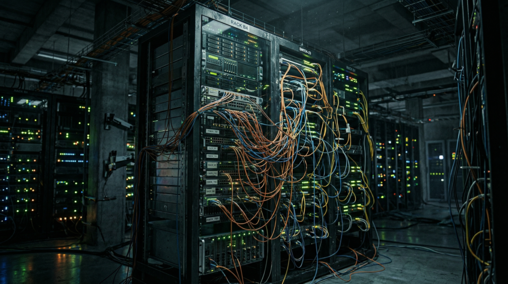 servidor de datos masivo en una habitación oscura con luces LED parpadeantes, cables de fibra óptica desordenados