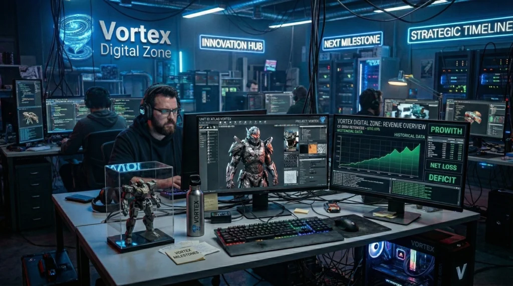 una oficina de desarrollo de videojuegos futurista y caótica, pantallas mostrando gráficos