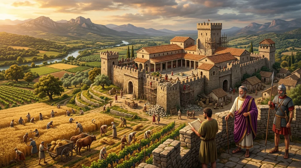 Roman rural Villa transitioning into a medieval fortress. A wealthy Roman aristocrat overseeing peasant farmers (coloni) working the fields.
