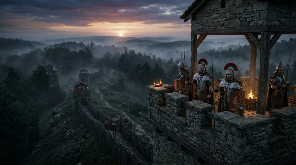 ancient Roman Limes (fortified border) at dusk. Roman legionaries standing guard on a stone watchtowe