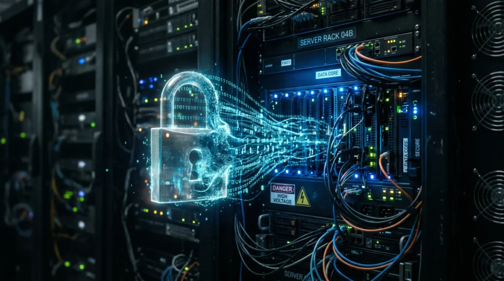 Servidores informáticos brillantes ilustrando ataques de ciberseguridad 