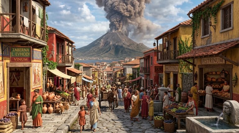 Vista panorámica del atardecer mostrando la asombrosa arquitectura en Pompeya con el volcán Vesubio de fondo.