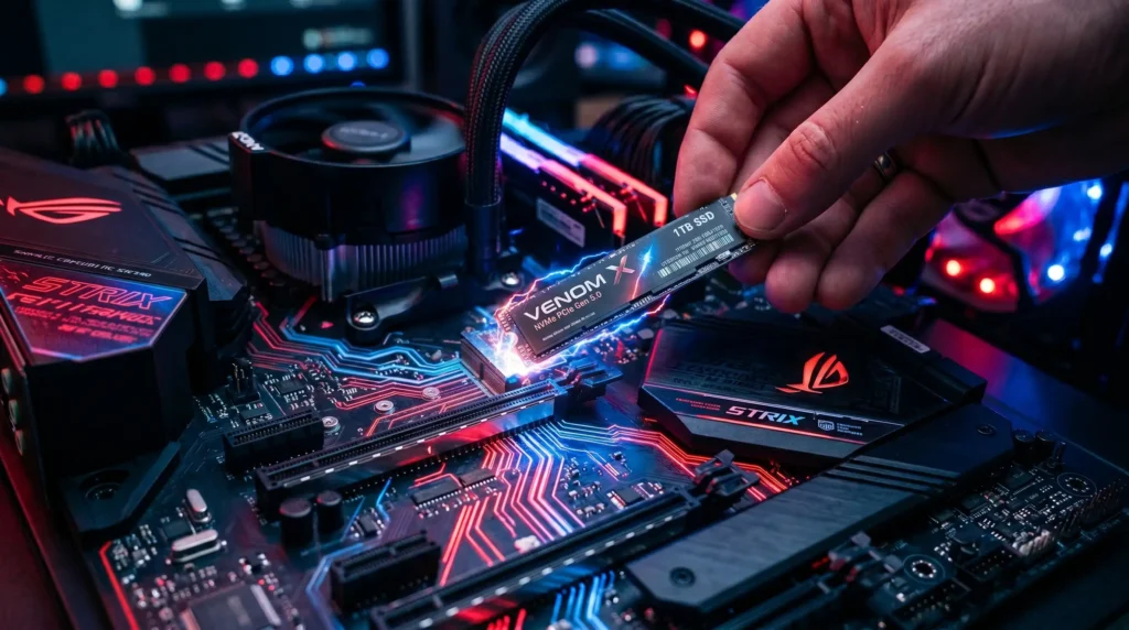 Almacenamiento SSD rápido que permite cargar videogames instantáneamente en un PC gamer.
