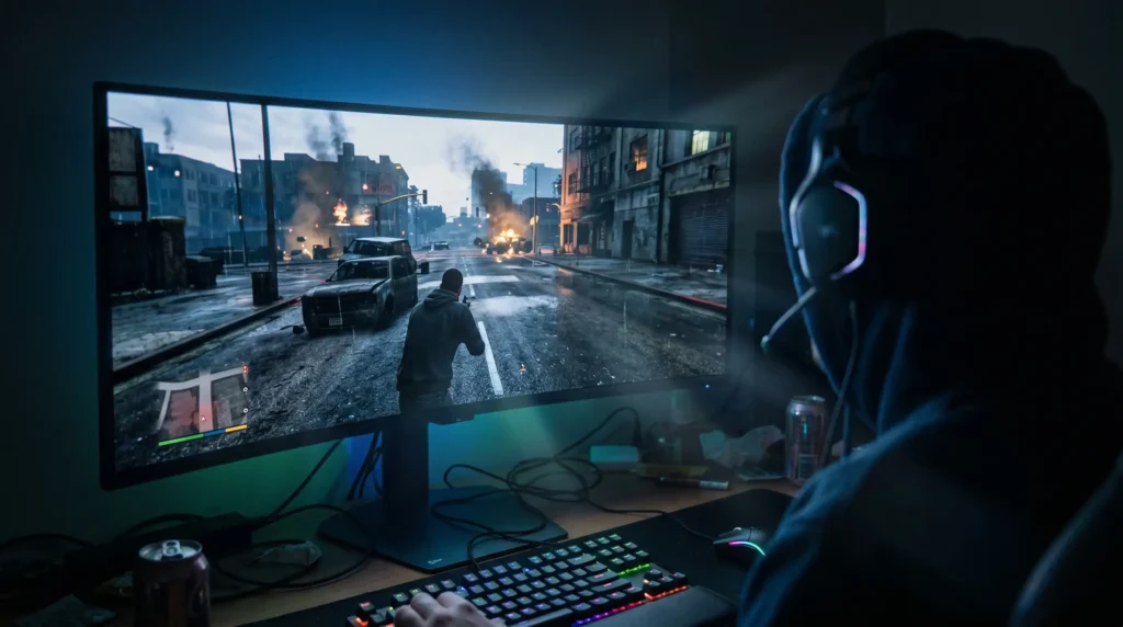 Monitor OLED mostrando un paisaje virtual con fidelidad 4k absoluta.