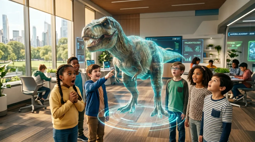 Estudiantes interactuando con hologramas, revolucionando la educación con los cambios de la realidad extendida.
Imagen de Apoyo 6:
