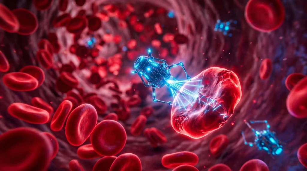 Nanobots médicos reparando células en el torrente sanguíneo, mostrando el futuro de la biotecnología.