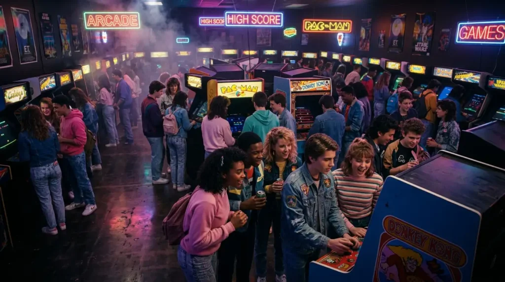 Jóvenes en un salón de arcade iluminado, descubriendo todo sobre los videojuegos retro.
