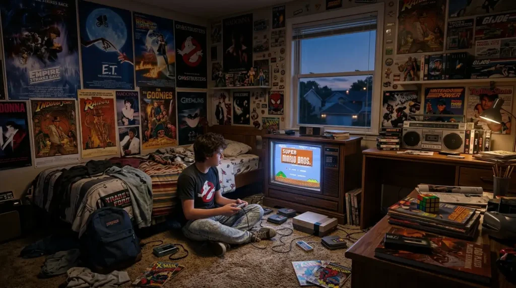 Televisor de tubo clásico con cintas VHS mostrando la decada de los ochenta.
