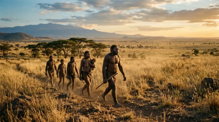 Representación cinematográfica de la evolución humana: ancestros homínidos caminando por la sabana primigenia al amanecer