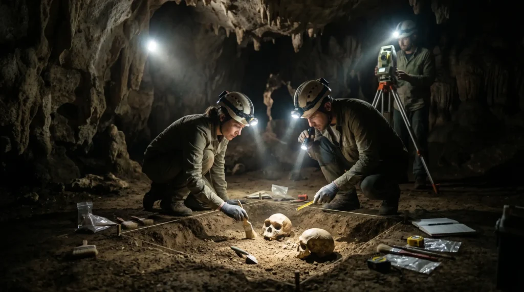 Excavación arqueológica en una cueva ancestral, descubriendo fósiles de homínidos que revelan la evolución humana.