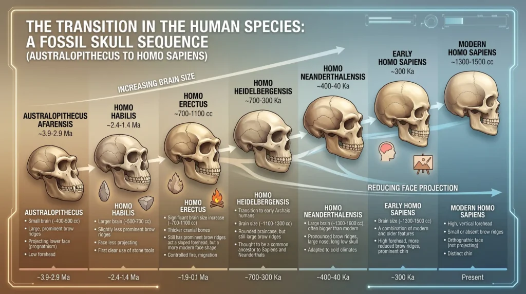 Secuencia de cráneos fósiles de homínidos (Australopithecus hasta Homo sapiens), ilustrando la transición en la especie humana.