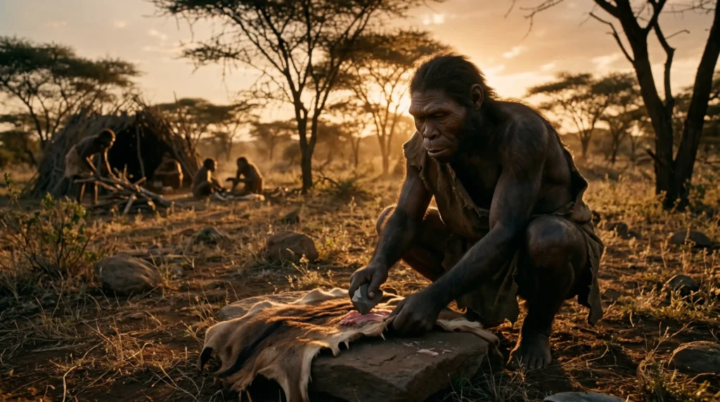 Escena prehistórica: homínidos fabricando herramientas de piedra en la sabana, ilustrando la evolución humana.