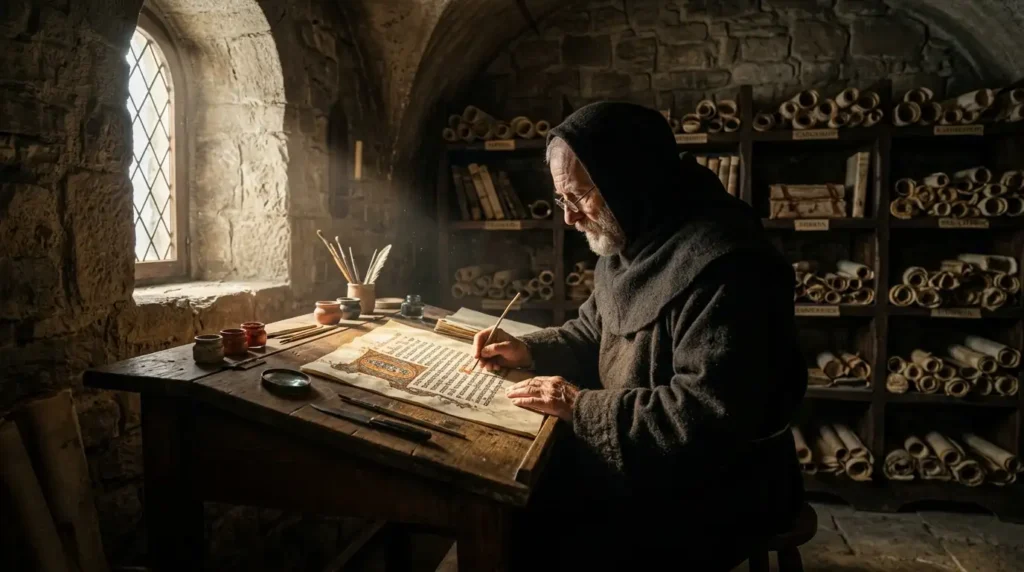 ): Monje escribiendo manuscritos, un testimonio de la avanzada cultura en la edad media.