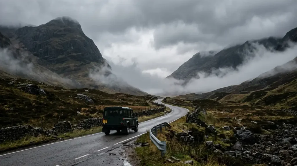 Majestuoso paisaje al atardecer en los valles de escocia cubiertos de niebla.