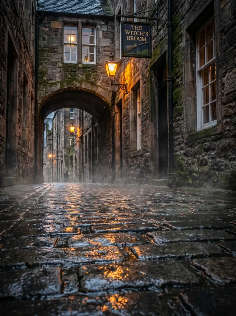 Calles de adoquines húmedos en la histórica capital de escocia