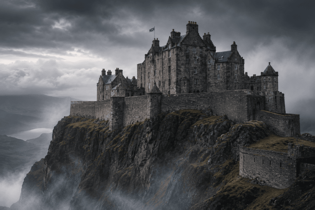 ): Imponente castillo de piedra oscura mostrando la clásica arquitectura de escocia.