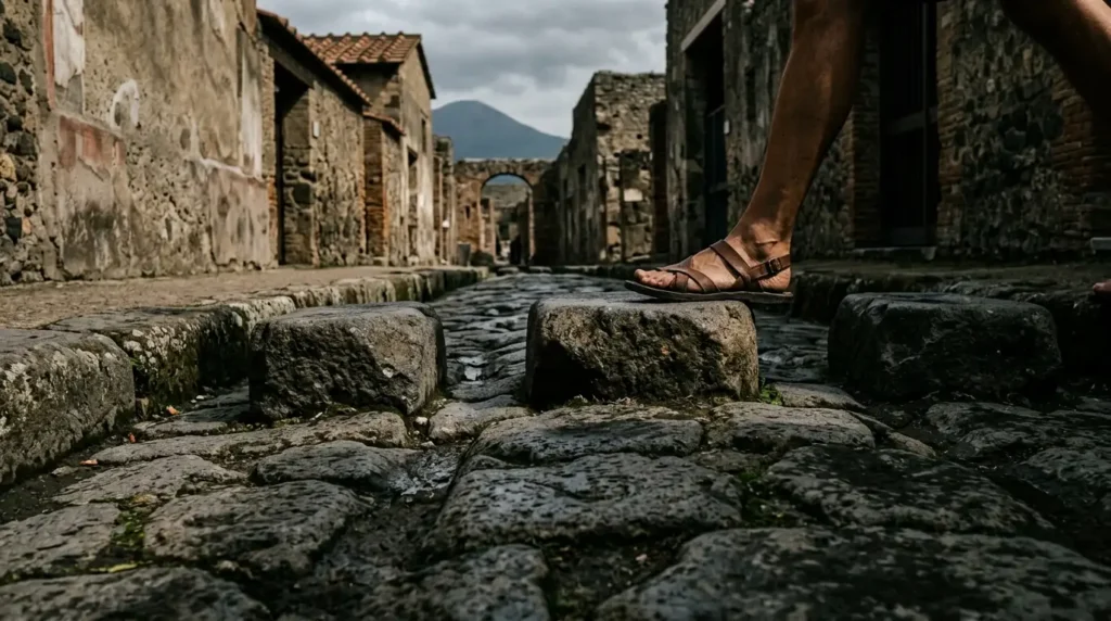 Detalle de los grandes bloques de piedra y pasos elevados que conforman las antiguas calles de Pompeya.