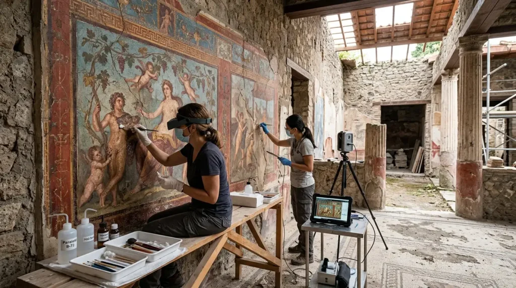 Arqueólogos trabajando meticulosamente en la preservación de casas y la restauración de frescos romanos.
