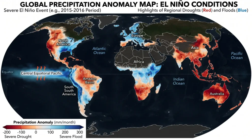 Mapa mundial con anomalías de precipitación típicas de El Niño, mostrando su influencia en el clima global con zonas secas y húmedas.