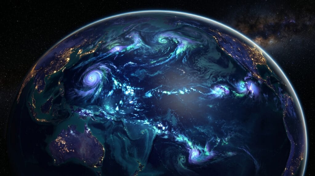 Vista espacial del Pacífico nocturno con patrones luminosos de lluvia, simbolizando el impacto global de El Niño en el clima