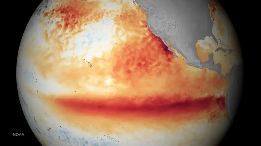 Mapa satelital del Pacífico ecuatorial con anomalías cálidas, ilustrando el fenómeno El Niño y su influencia en el clima global