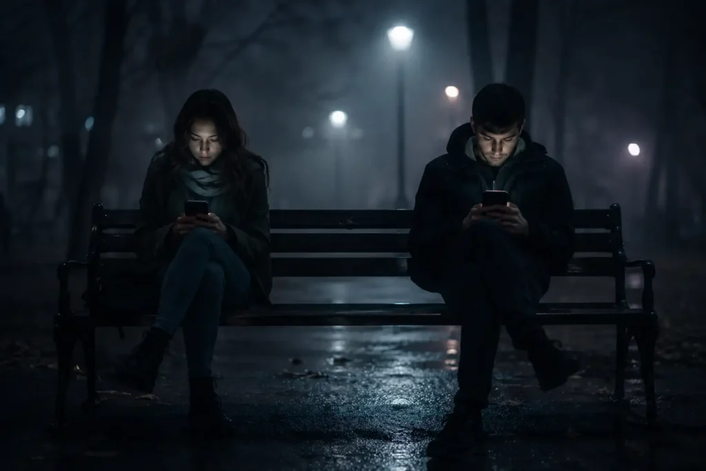 Dos personas absortas en sus teléfonos reflejando la evolución de las relaciones interpersonales.
