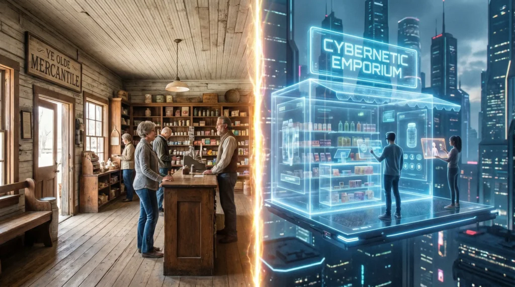 Contraste visual que muestra los cambios en el comercio impulsados por el mundo digital.
