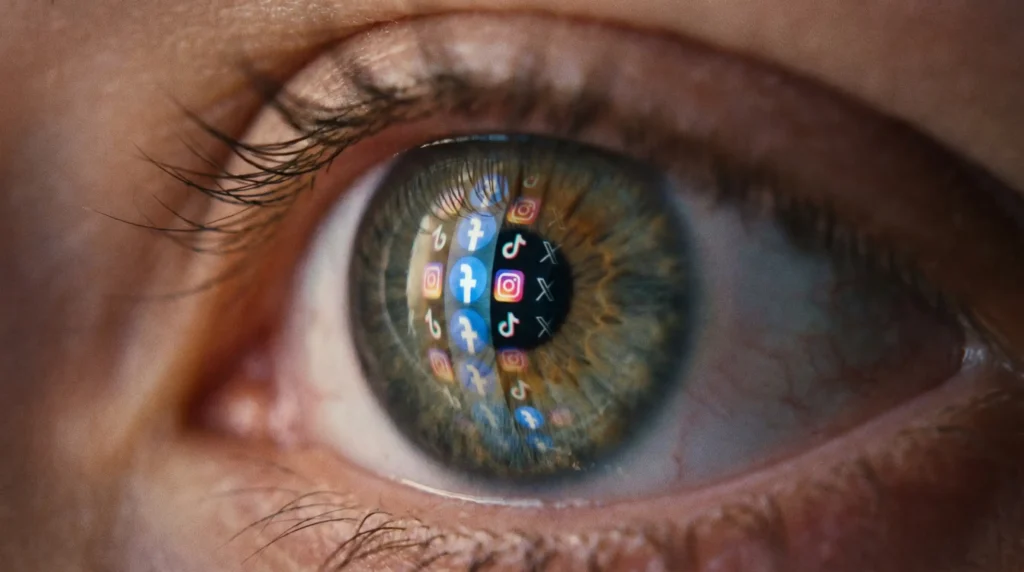 Reflejo de íconos digitales en un ojo humano mostrando las nuevas dinámicas de atención.