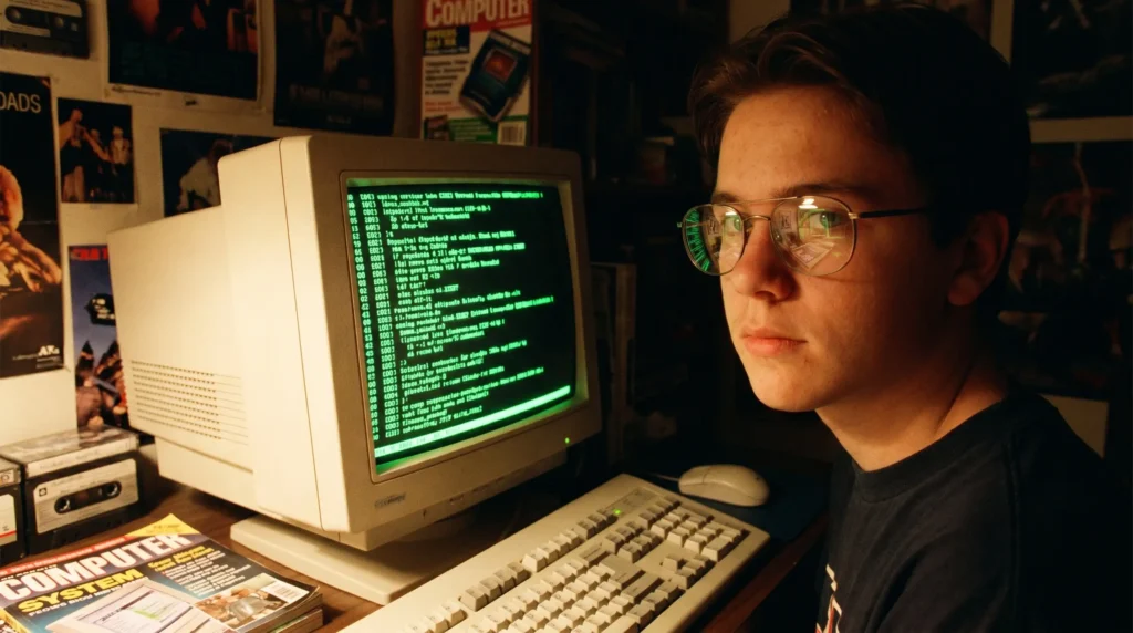 Joven usando una computadora antigua que representa la historia de los foros de internet.
