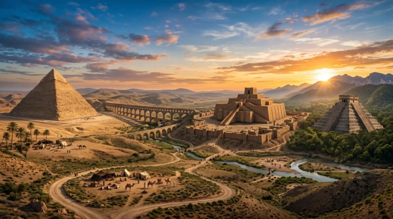 Un paisaje épico que muestra el surgimiento de las grandes civilizaciones al amanecer de la humanidad.
