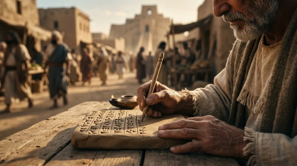 Escriba sumerio marcando el inicio de las primeras civilizaciones en Mesopotamia.