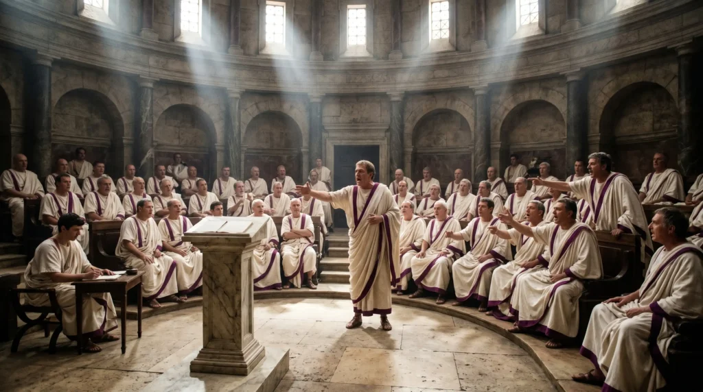 Intriga política y debate en el Senado romano, núcleo de la historia clásica.