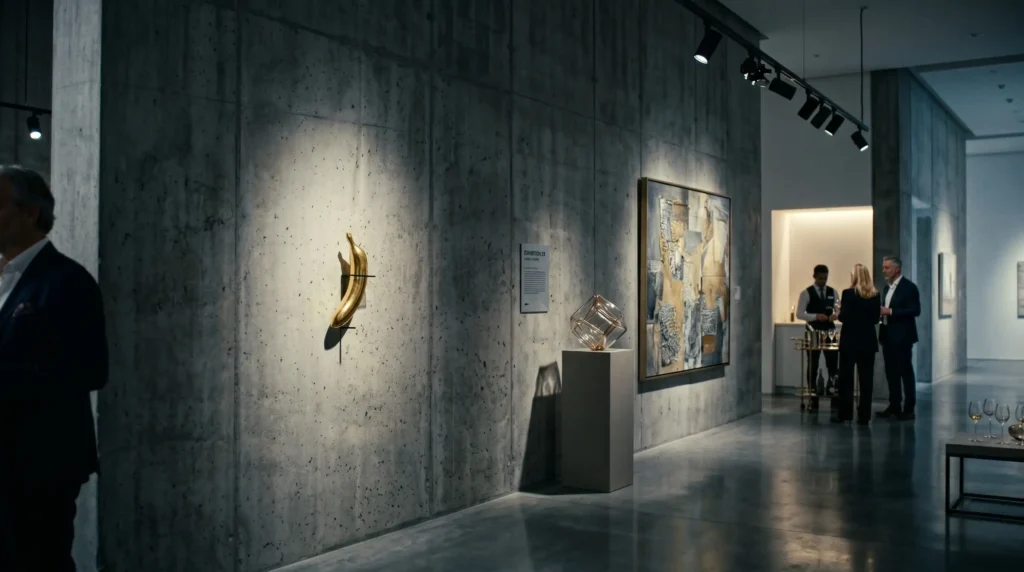 Exhibición de arte contemporáneo en un museo con visitantes observando una instalación