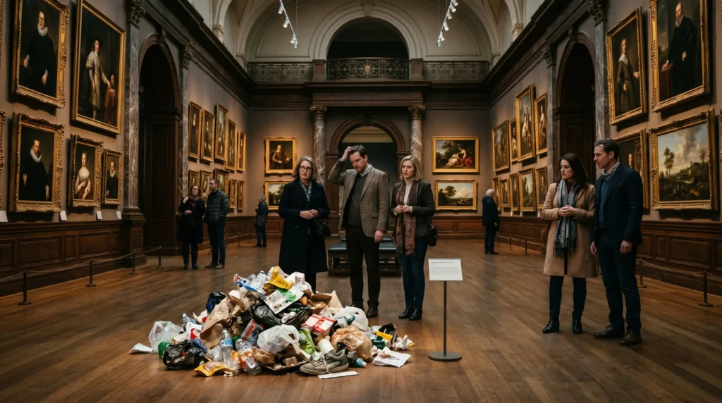 Exhibición de arte contemporáneo en un museo con visitantes observando una instalación