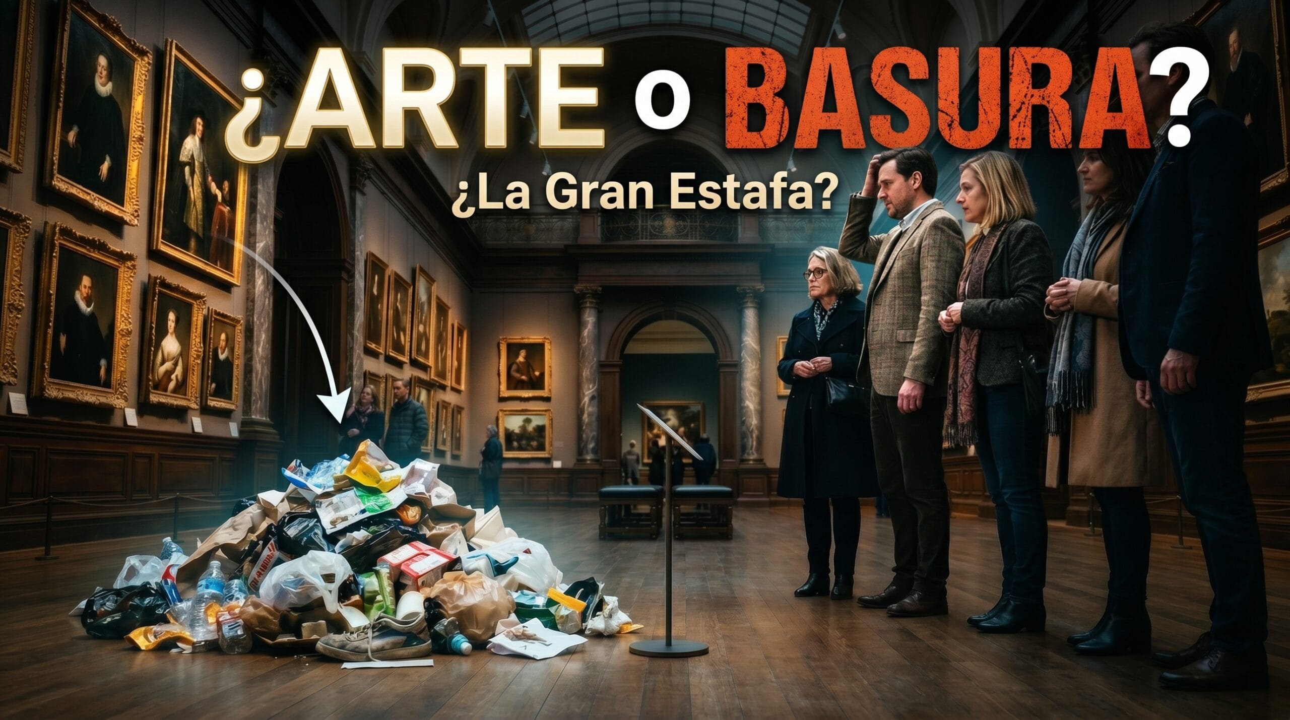 Galería de arte moderno que muestra la especulación financiera y obras minimalistas.