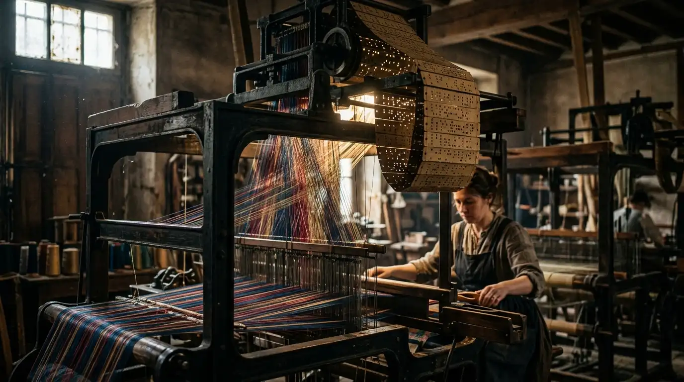 El origen de la moda y programación a través de las tarjetas perforadas en el telar textil histórico de Jacquard.