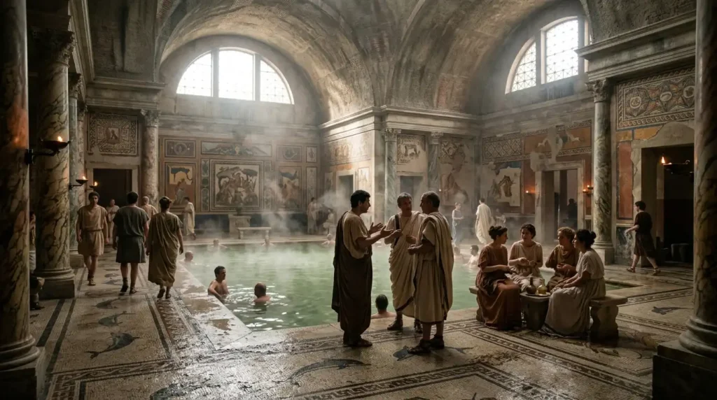 Ciudadanos romanos socializando en el interior de las termas y baños publicos imperiales.