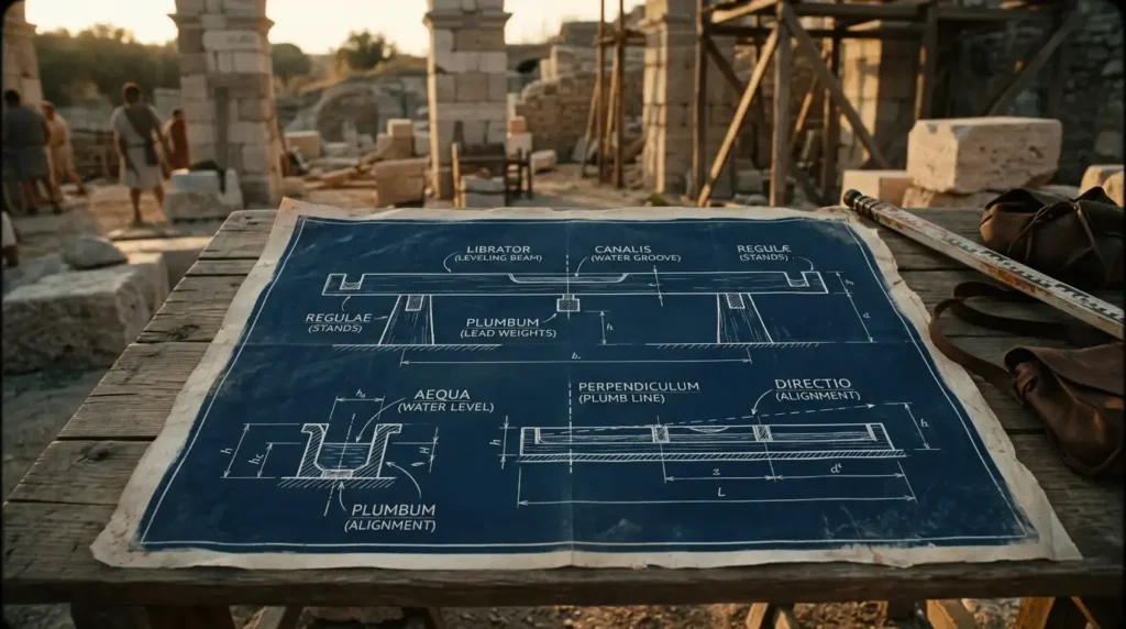 Diagrama técnico de herramientas topográficas utilizadas para calcular la pendiente de los acueductos romanos.