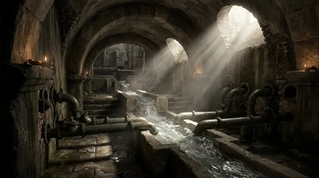 Distribución de agua en un castellum aquae de la Roma imperial mediante fuentes y tuberías antiguas.