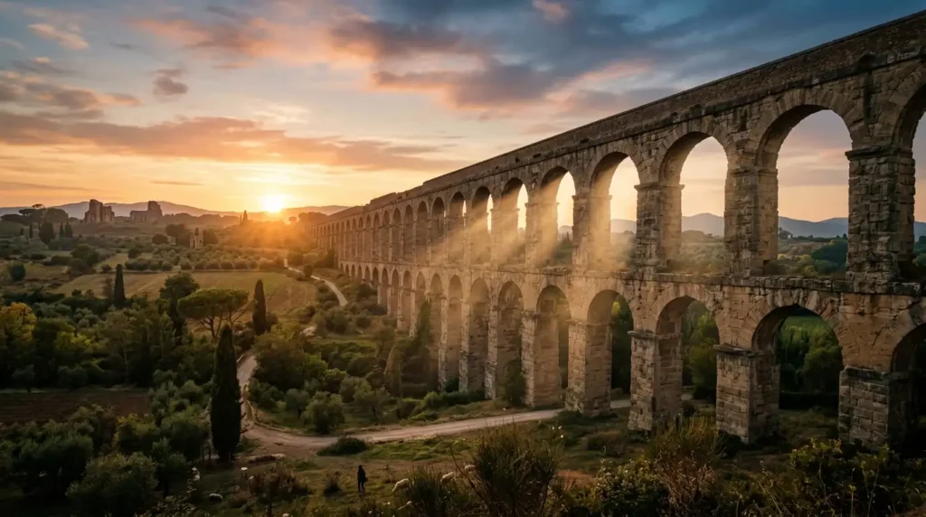 Majestuoso acueducto de la Roma imperial transportando agua potable mediante un preciso manejo del agua al atardecer.